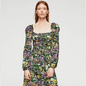 Mango Smocked Floral Print Long Sleeve Dress Size S